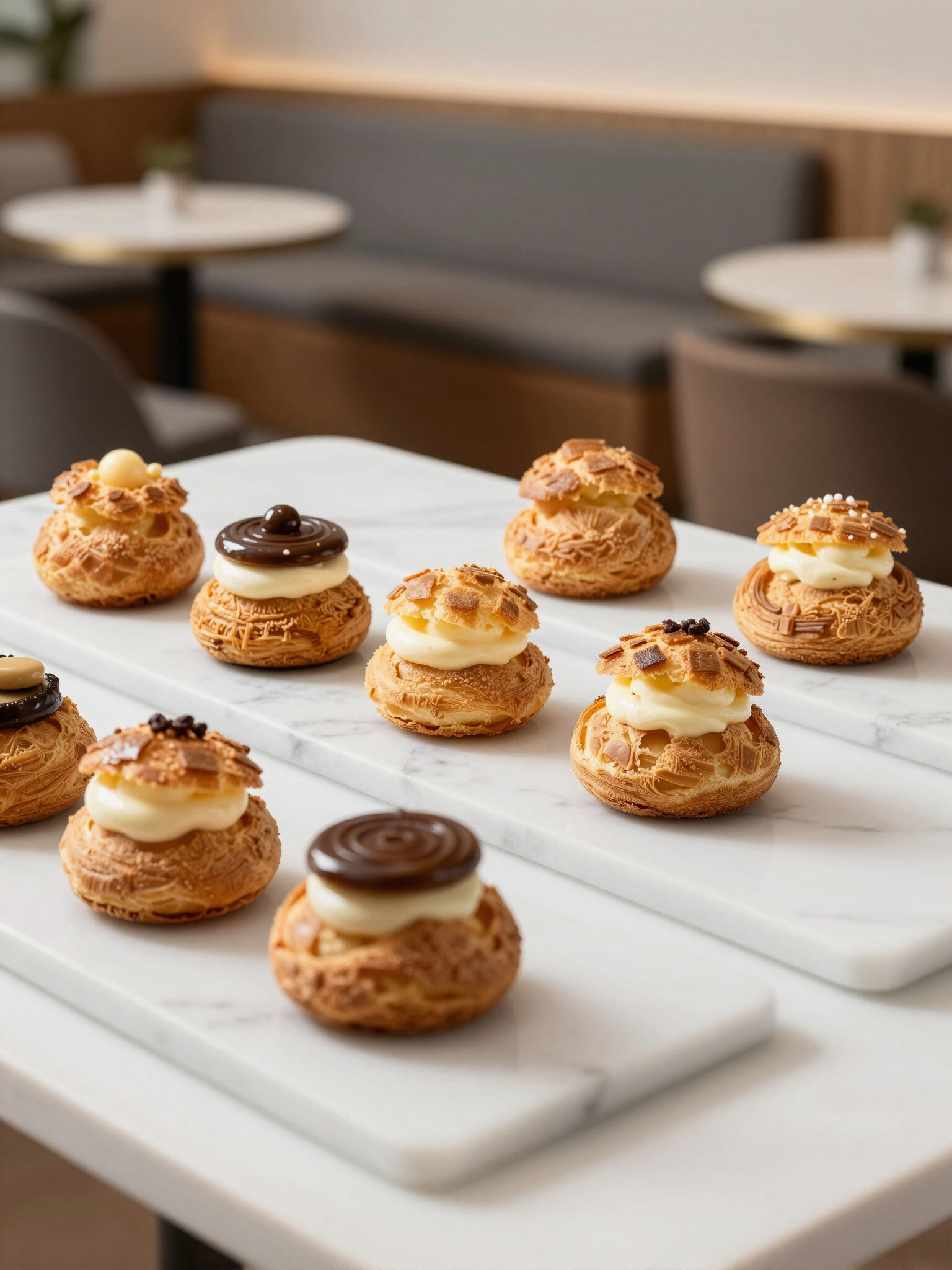 Assorted cream puffs arranged on a marble tray